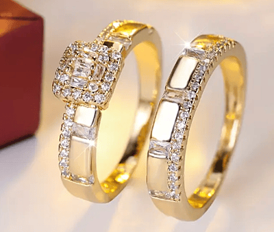 2pcs Elegant 18K Golden Plated Engagement Rings with Cubic Zirconia