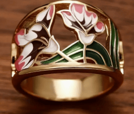 KC Golden Plated Enamel Floral & Green Leaf Wide Band Ring