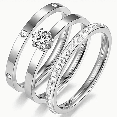 Elegant Stainless Steel Three-Ring Set with Cubic Zirconia