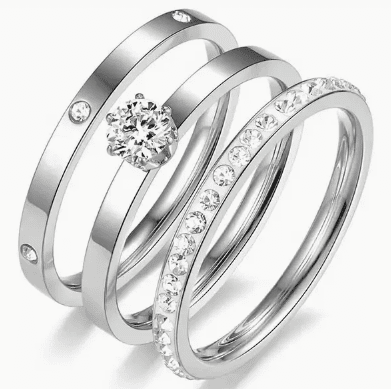 Elegant Stainless Steel Three-Ring Set with Cubic Zirconia