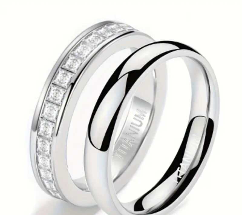 2-Piece Elegant Titanium Steel Ring Set with Cubic Zirconia
